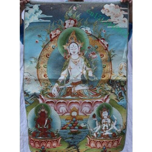 36 inch Chinese Silk embroidery 7 eyes White Tara Goddess Thangka Painting Mural