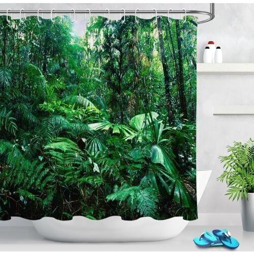 72'' Tropical Dense Green Jungle Bathroom Fabric Shower Curtain Liner Waterproof Polyester Curtain Accessory Sets with 12 Hooks