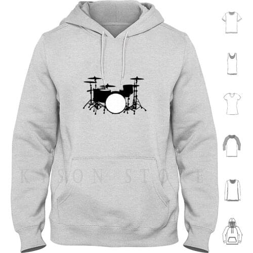 Drum Kit Hoodie Long Sleeve Drum Kit Set Cymbals Bass Snare Tom Tom Silhouette Percussion Musical Instrument