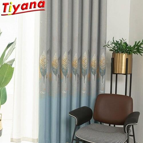 Beige/Blue Stitching Leaf Curtains for Living Room Leaves Blackout Window Drapes for Bedroom Stitching Curtain Cloth VT