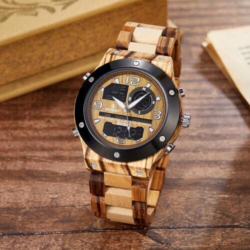GORBEN Natural Wooden Quartz Movement Men Watch Multi-function Dual Display Wrist Watch Wood Strap Waterproof Wristwatch