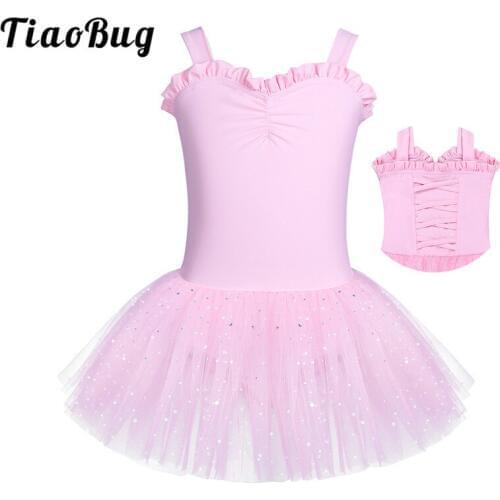 TiaoBug Kids Sleeveless Ruffled Professional Ballet Tutu Dress Ballerina Girls Birthday Party Dance Wear Gymnastics Leotard