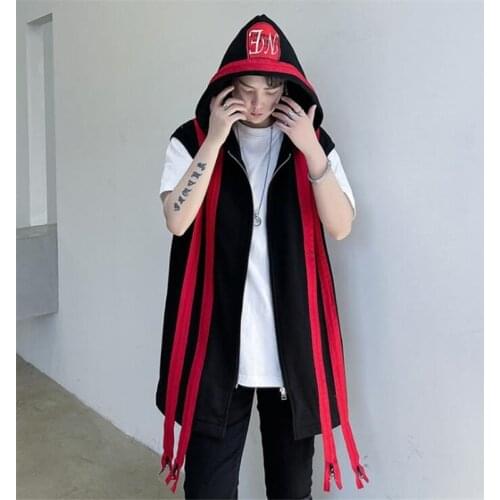 Zipper Long Hooded Vest Men Red Black Patchwork Punk Sleeveless Jacket Techwear Casual Long Gilet For Man