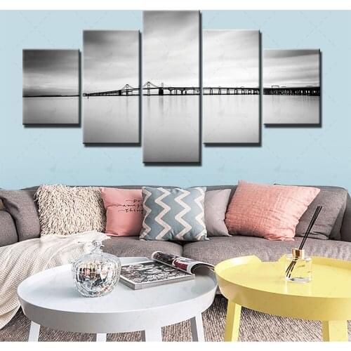 Home Decor 5 Panel Canvas Black And White Painting Bridge Picture Wall Art Prints Modular Landscape Poster For Living Room Frame