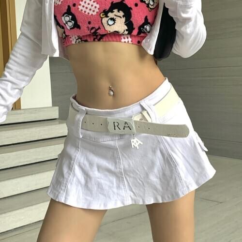 Girls Harajuku Dropped Waist Punk Hot Design White Mini Denim Pant Skirt With Belt
