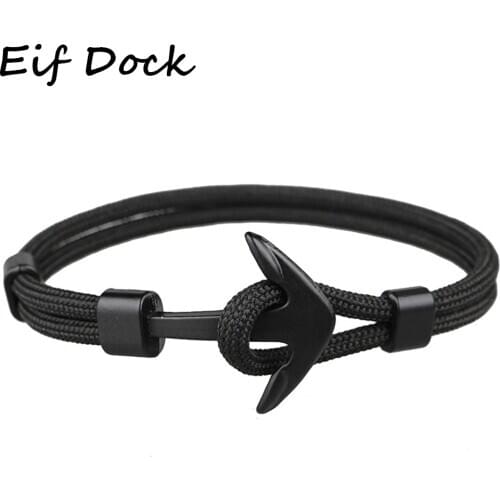 Eif Dock New Fashion Black Color Anchor Bracelets Men Charm Survival Rope Chain Paracord Bracelet Male Wrap Metal Sport Hooks