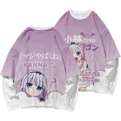 Miss Kobayashis Dragon Maid Kanna Kamui Long Sleeve Hip Hop T Shirt Men Women Harajuku Tshirt False Two Pieces Tee Anime Tops