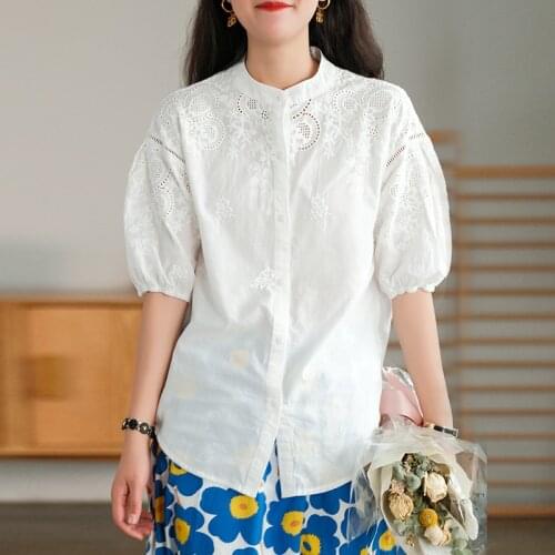Johnature Women Vintage Cotton Hollow out Shirts Tops Puff Sleeve 2021 Summer New Casual Style Button Loose Solid Color Blouses