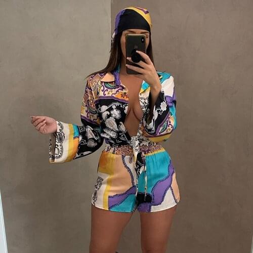 3 Pieces Set Sexy Fashion Women Set Female Tops Floral Print Long Sleeve Shirt And Elastic Waist Shorts Scarf 2021 Summer Autumn