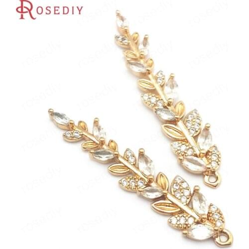 40688)6PCS 39x8MM 24K Champagne Gold Color Brass and Zircon Rice Seedling Charms Pendants Jewelry Making Supplies Diy Findings
