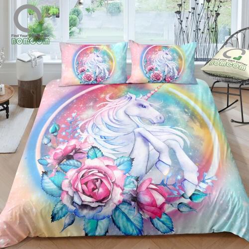 BOMCOM 3D Digital Printing Watercolor Pastel Colored Unicorn Rose Vignette Galaxy Stars Bedding Set 100% Microfiber Rainbow