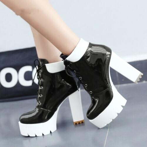2021 New Fashion Boots Women Patent Leather Square High Heel Ankle Boots Platform Lacing Martin Boots Autumn Winter Female Shoes