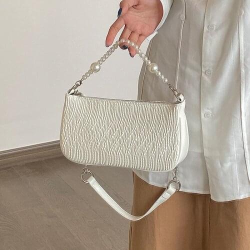 Pleated Bag Underarm Shoulder Bag Female Handbag Women Purse Beaded Chain Backpack Fashion 2021 PU Leather Simple Retro Zipper