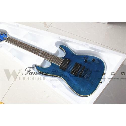 Custom 6 string blue guitar,flamed maple veneer,strings through body,paerl shell binging,black button