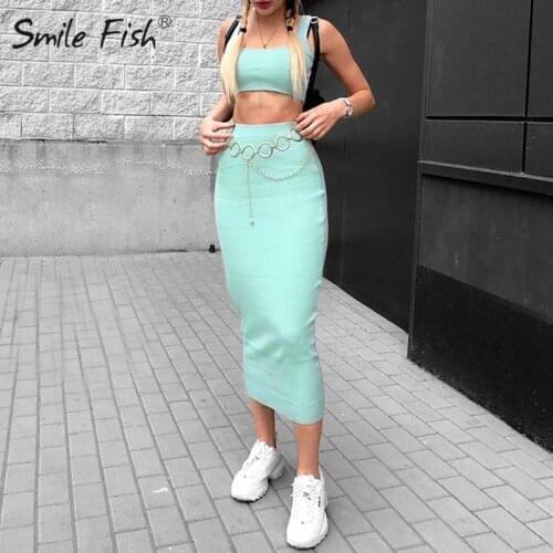 Sexy Sleeveless Crop Tank Top and Mid-Calf Skirts Elegant Clubwear Women Knit 2 Piece Set Suits 2020 Bodycon Outfits Party M0272