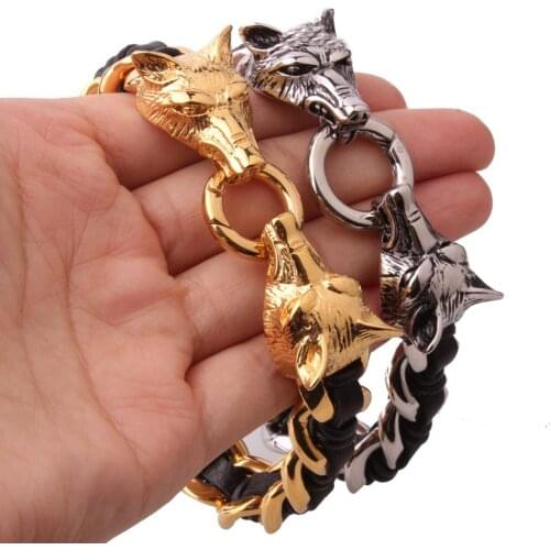 Punk Stainless Steel Ethiopian Gold Wolf Charm Bracelet Mens Hip Hop Leather Bracelets Wholesale Jewelry Gifts
