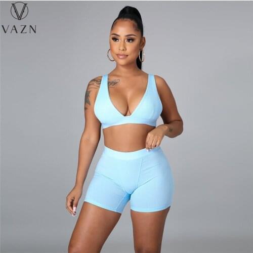 VAZN 2021 Summer Energy Sweet Sexy Open Young Tracksuits Solid Bikini Top Short Pants Skinny Women 2 Piece Set Women Wear