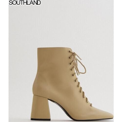 SOUTHLAND Womens Shoes Autumn Camel Brown Boots Lace up with side Zippers Boots Leather High heel Chunky Short boot for Female