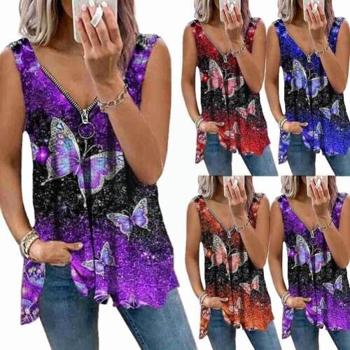 Women Fashion V-Neck Zipper Butterfly Print Sexy Loose Tops Vest Sleeveless Plus Tops Tank Size S-5XL Summer & Tees T-Shirt N4T3