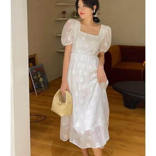 Women Summer Dress Back Hollow Out Bandage Sexy Printed Flowers Korean Style Dresses Mori Girl Puff Short Sleeve Long Dress