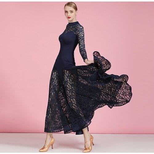 2021 New MY824 Hollow Lace Patchwork Long Sleeve Latin Dance Dress Dancing Performance Women Dress Ballroom Samba Tango
