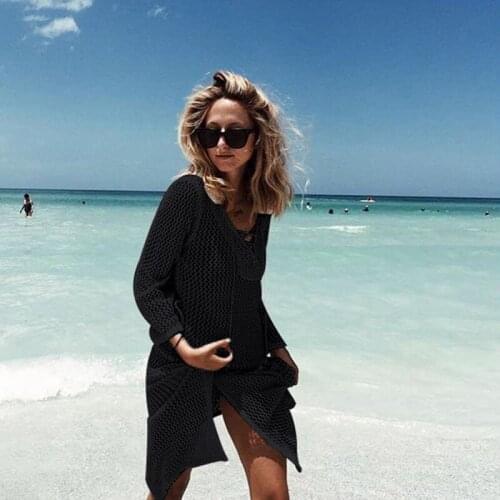 2021dresses summer woman European and American tying rope loose crochet hollow bikini blouse beach vacation Pareo Polyester