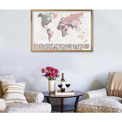 59*42cm The World Political Map with National Flags Retro Decorative Canvas Painting Wall Art Poster School Supplies Home Decor