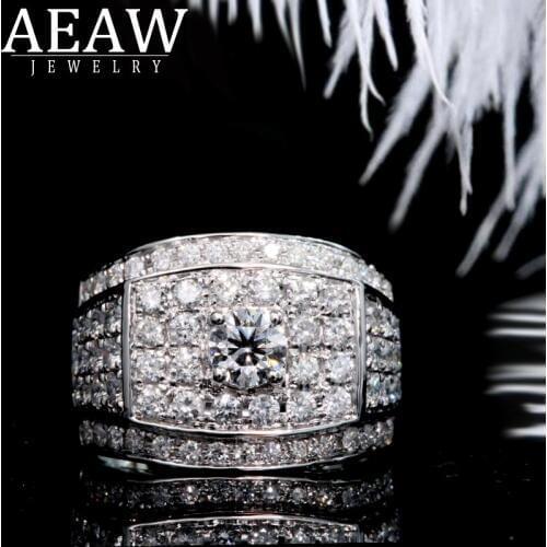 AEAW Luxurious Pave Moissanite Ring 18k White Gold 0.3ct 2CTW Round Cut Brillant Lab Diamond For Mens Wedding Mens Jewelry