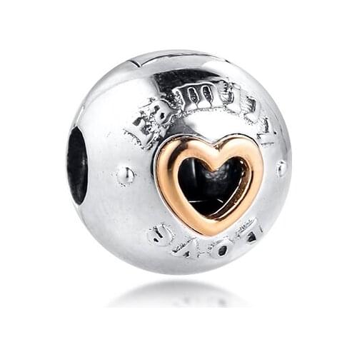 DIY Fits for Pandora Beads Bracelets Family & Love Clip Charms with 14K Real Gold 100% 925 Sterling-Silver-Jewelry Free Shipping