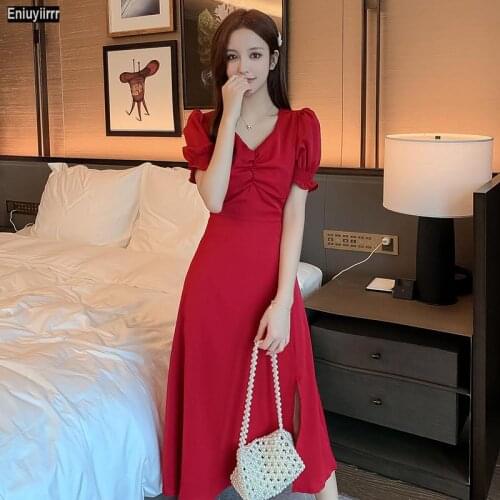 Elegant Long Dress Women Summer High Waist Black Red Party Split Dress