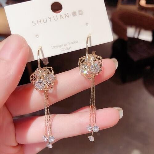 Exquisite Gold Color Rose Zircon Flower Dangle Earrings for Women 2020 Fashion Crystal Long Tassel Drop Earrings Wedding Jewelry
