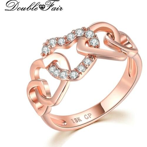 Double Fair 5 Big Love Hearts Connected With Shining CZ Stone Finger Rings For Women Girls Anniversary Jewelry HotSale DFR668