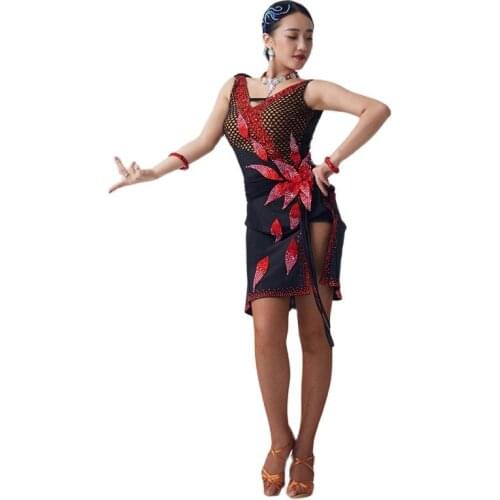 L-2030 Latin Modern Dance Competition Rhinestones Dress Sleeveless Black Velvet Women Performance Costume Dancer Stage Wear