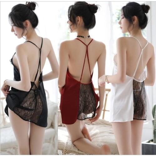 2021 New European and American Sexy Backless Sexy Lingerie Female Deep V Silk Sling Lace Nightdress