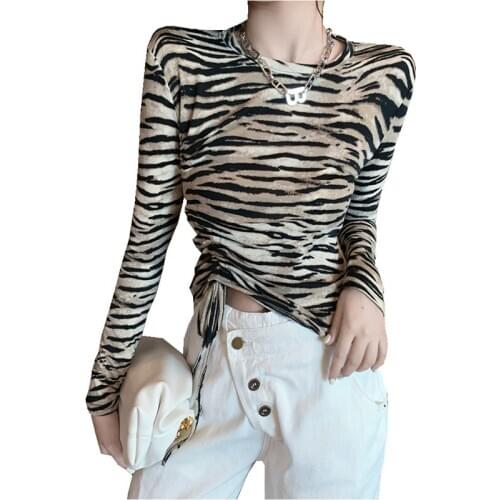 New fashion spring Summer women leopard Hem drawstring slim long sleeve round collar plus size Casual Tees Tops T Shirt 4XL