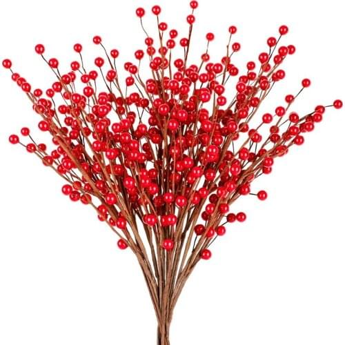 New 20PCS Christmas Artificial Red Berries Twig Stem Flowers Fake Berries Bunch for Christmas Tree Decorations DIY Craft