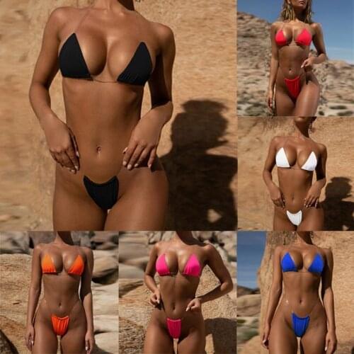 New Summer Swimsuit Women Halter Solid Transparent Straps Bikini Set Bra Thong Sexy Push up Swimwear Bathing Swimsuit