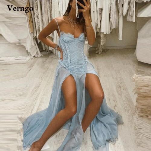 Verngo Dusty Blue Chiffon Pleats Formal Party Dress Spaghetti Straps Lace Sweetheart High Side Slit Sexy Prom Dresses