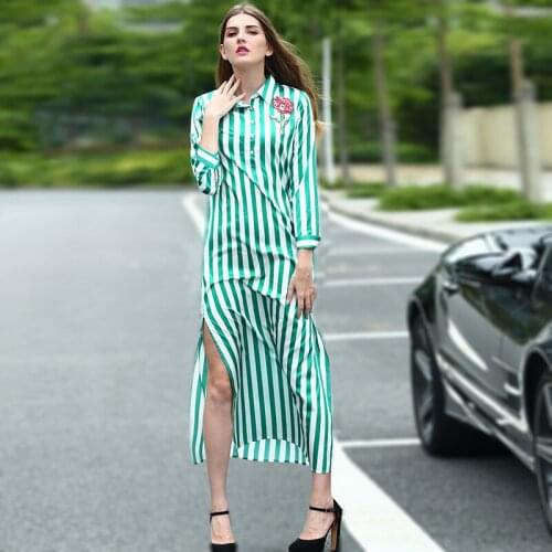 Wholesale European Wide Dresses Women 2020 Spring New High Street Design Green Striped Embroidery Long Loose Dress 4XL