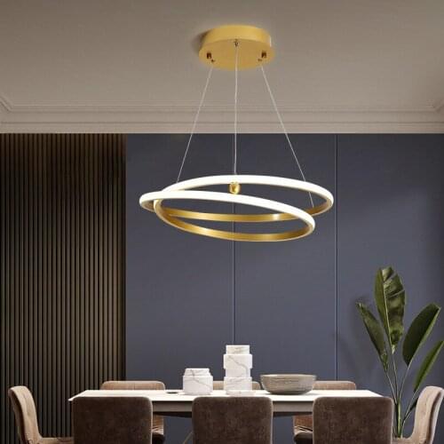 Nordic LED Round Ring Chandelier Gold Modern Metal Pendant Light with Acrylic Shades for Bedroom Living Room Dining Room Home