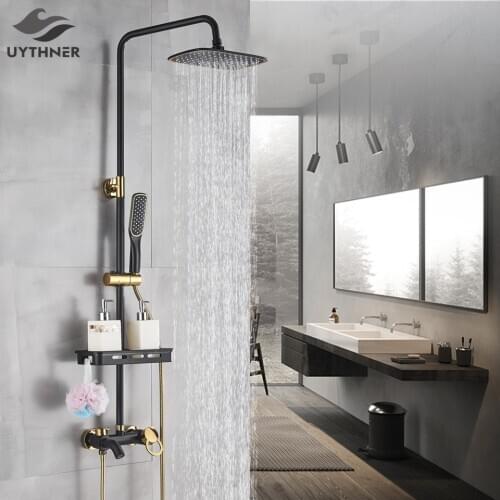 Uythner Matte Black Gold Bathroom Faucet Bath Rain Shower Faucet Wall Mounted Bathtub Shower Mixer Bidet Tap Shower Set Mixer