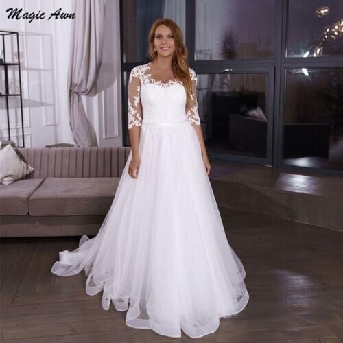 Magic Awn Plus Size Wedding Dresses Lace Appliques Illusion Half Sleeves White Princess Mariage Gowns Sweep Train Vestido Boda