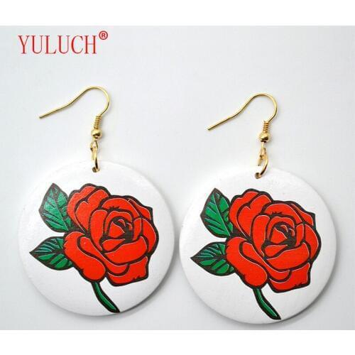 YULUCH New Design China Color Printing Red Rose Wooden Round Beauty Woman Personality Jewelry Accessories Earrings Gift