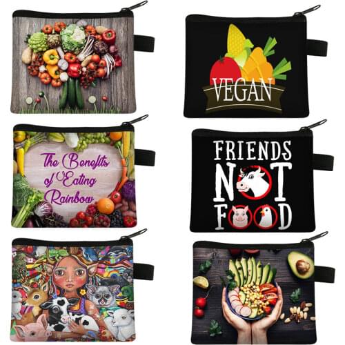 Funny Vegan Coin Purse Women Wallet Fruit Vegetable Men Purse Kawaii Coin Money Bag Girls Mini Handbag Card Lipstick Holder Bags