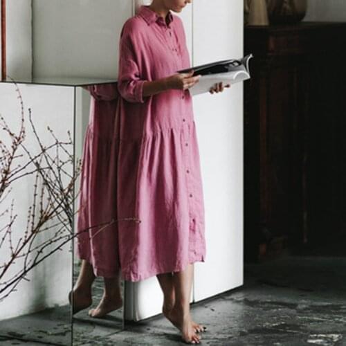 2021 Autumn 3/4 Sleeve Cotton Linen Dress Women Turn-down Collar Buttons Long Shirt Dress Winter Solid Office Ladies Party Dress