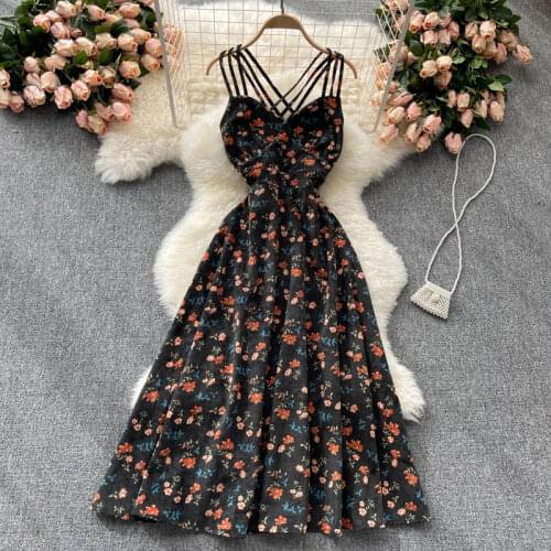 WIGADFHK 2021 New European And American Retro Print Vestidos Feminine V-neck Slim Sling Midi Dress