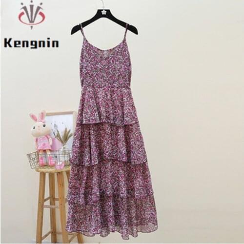 Large Size Women Straps 2021 Summer Chiffon Ladies Vestidos Print Sexy Off The Shoulder Female Robe Cake Style Dress KE1085