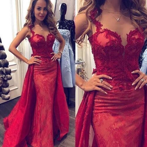 Sexy Mermaid Evening Dress With Over skirt Beads Appliques Lace Long Prom gown Charming Sleeveless Party Formal Mother dresses