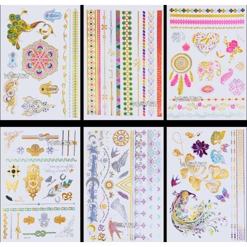 Gold Pink Silver Elephant Temporary Tattoo Stickers Women Kids Body Art Star Feather Golden Metallic Water Transfer Flash Tatoo