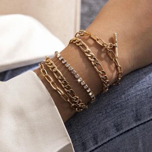 5pcs/set Office Lady`s Style Chains and Rhinestones Fashion Women`s Chain Bracelet Set OT Clasp Jewelry